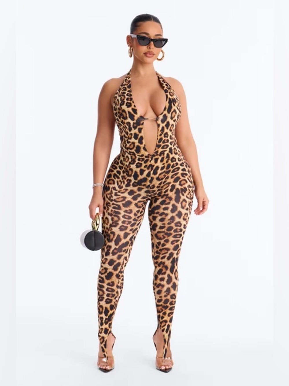 Fashion Nova Leopard Halter Plunge 2pc leggings set - Brown/Black